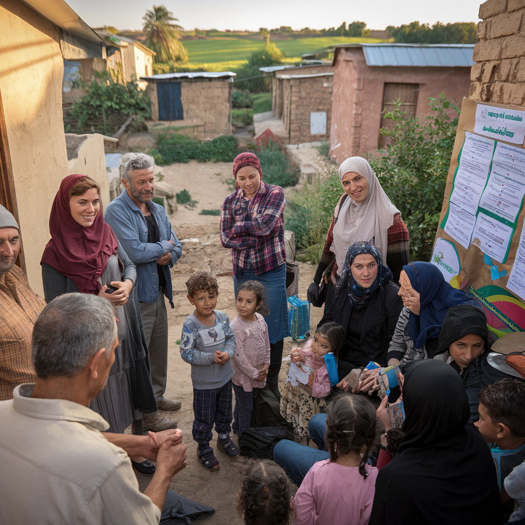 Image de personnes dans une région rurale, sensibilisant des parents sur l’importance de l'éducation des enfants